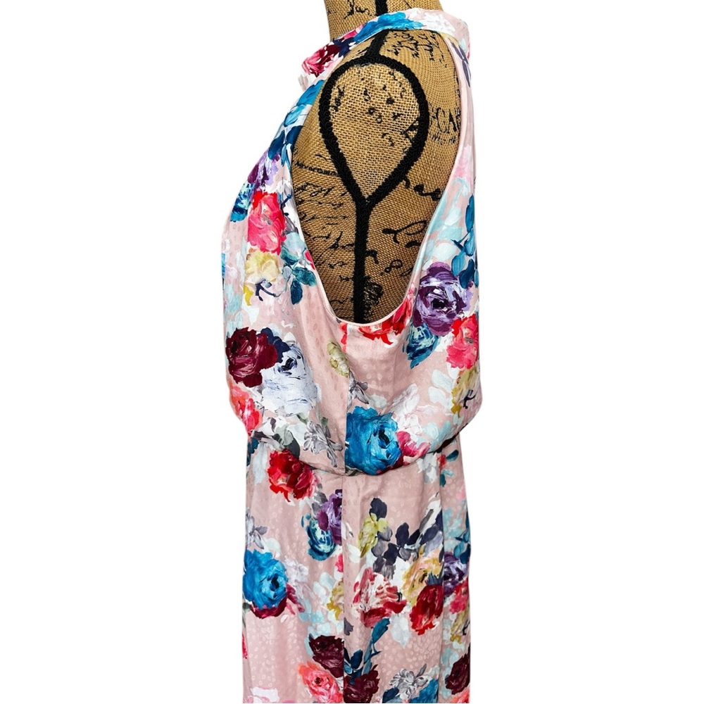 Adrianna Papell Dress Size 16 Blush Pink Floral Print Satin Jacquard Halter Gown - Picture 10 of 16